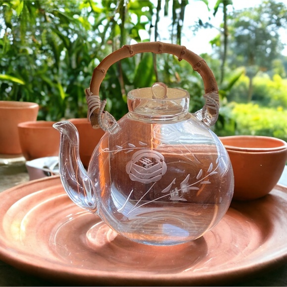 Other - Vintage Hand Blown Teapot With Lid and Bamboo Handle and Red Etched Flowers